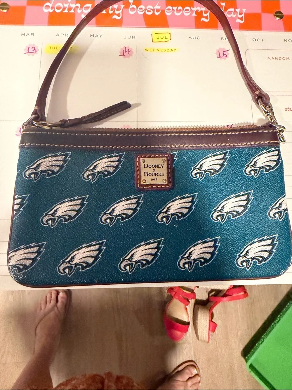 Dooney & Bourke Teal, White & Brown Eagles Wristlet